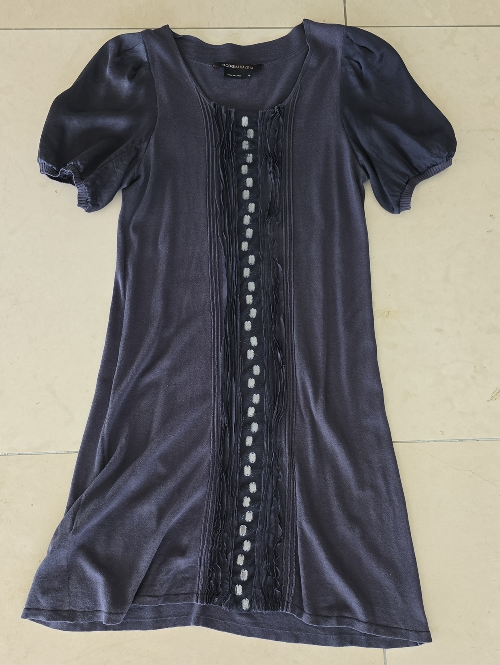 BCBGMaxAzria Navy Short Sleeve Pintuck Front Dress - Bluish Gray - Size XS